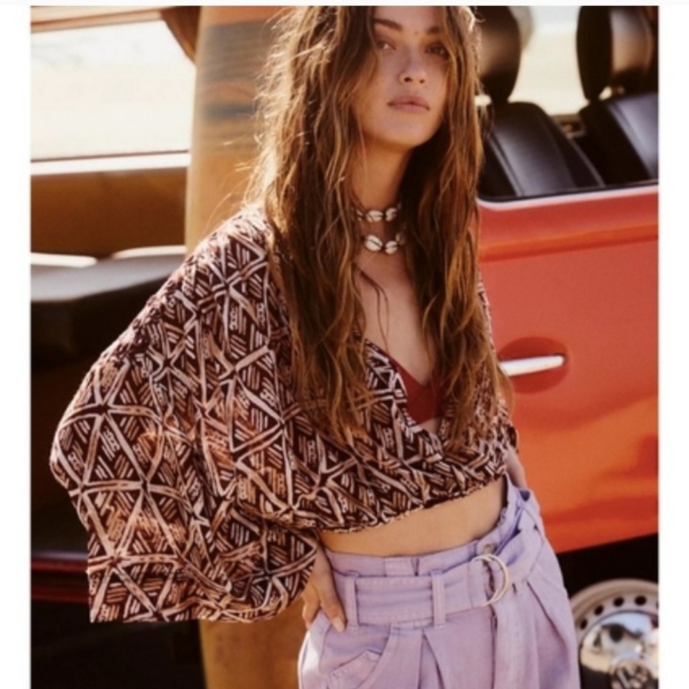 Free People Waverly Blouse Tan & Brown Print Size Large